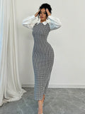  | SHEIN Raffinéa Fashionable Elegant Slim Long Patchwork Puff Sleeve Collar Houndstooth Pattern Fabric Women's Long Dress | Dress | Shein | OneHub