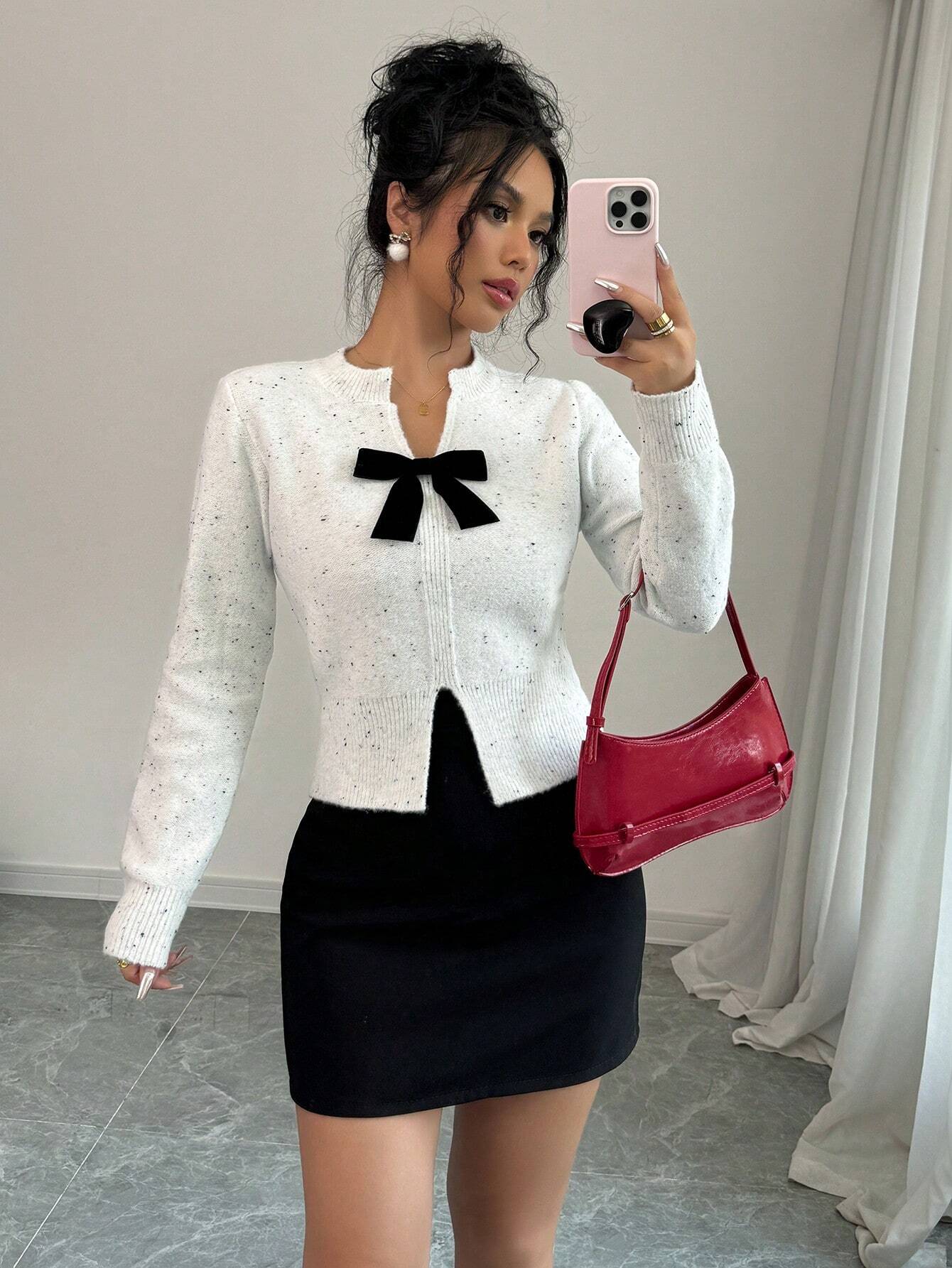  | SHEIN Raffinéa New V-Neck Bowknot Cropped Sweater With Side Slits | Top | Shein | OneHub