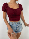  | SHEIN Privé Ruched Front Sweetheart Neck Puff Sleeve Crop Tee | Tee | Shein | OneHub