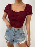  | SHEIN Privé Ruched Front Sweetheart Neck Puff Sleeve Crop Tee | Tee | Shein | OneHub