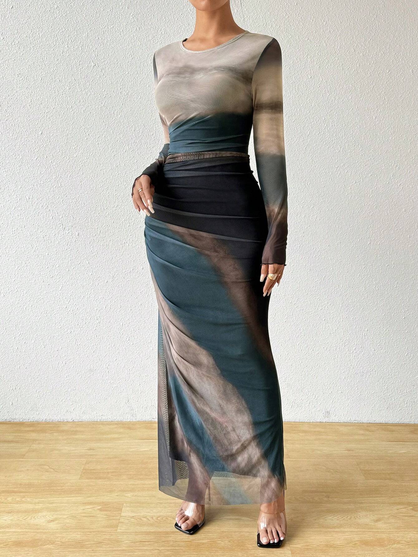  | SHEIN Raffinéa Fashion Tie-Dye Ruched Slim Long Dress Maxi Women Outfit | Dress | Shein | OneHub