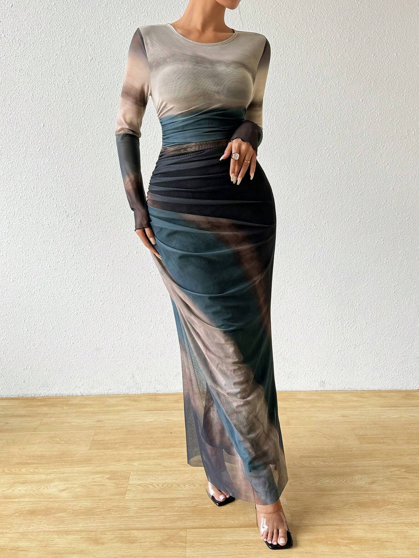  | SHEIN Raffinéa Fashion Tie-Dye Ruched Slim Long Dress Maxi Women Outfit | Dress | Shein | OneHub