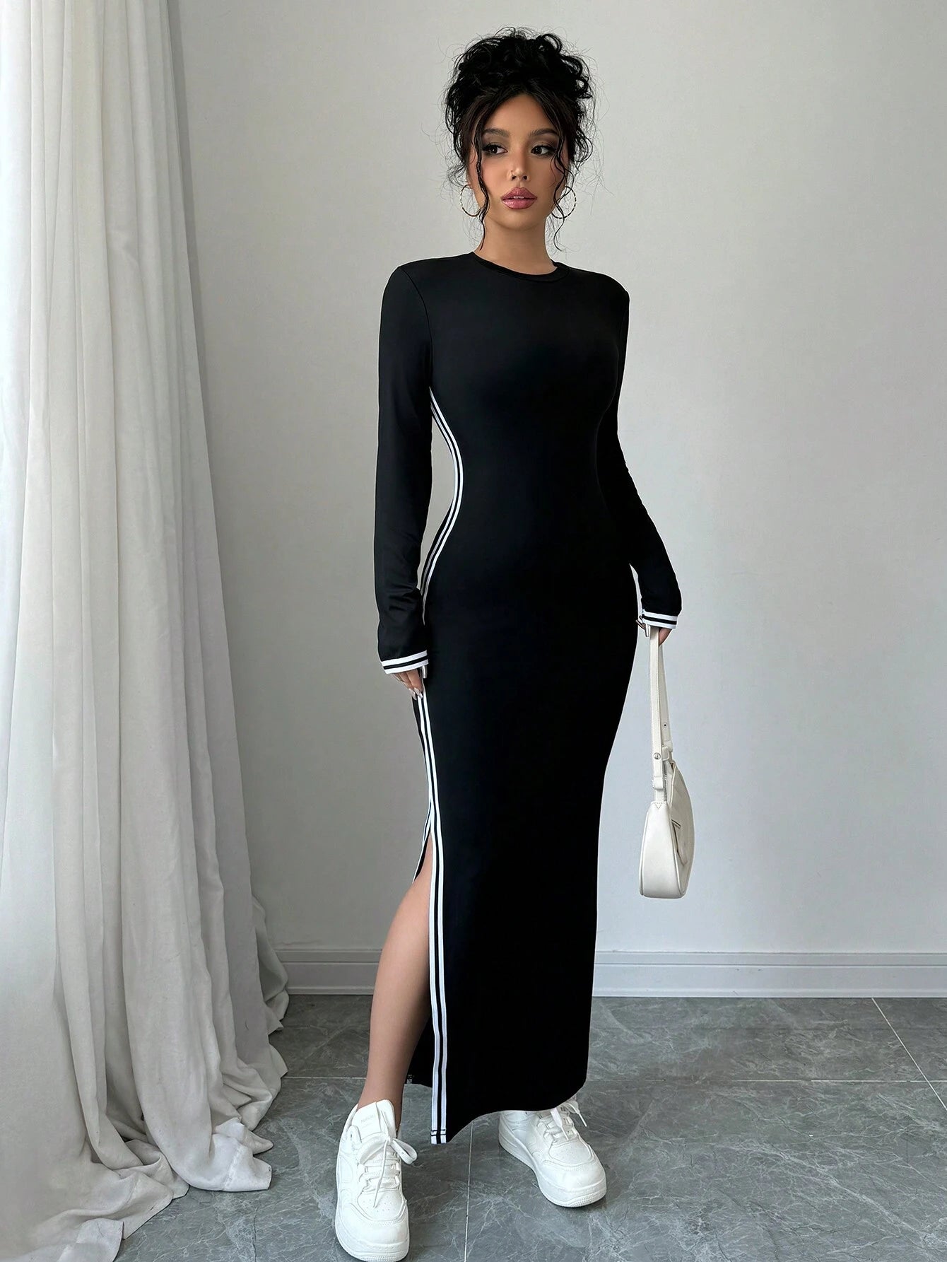  | SHEIN Raffinéa Women Contrast Color Patchwork Round Neck Long Sleeve Single Side Slit Dress Maxi Women Outfit | Dress | Shein | OneHub