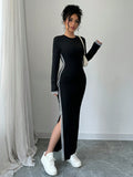  | SHEIN Raffinéa Women Contrast Color Patchwork Round Neck Long Sleeve Single Side Slit Dress Maxi Women Outfit | Dress | Shein | OneHub