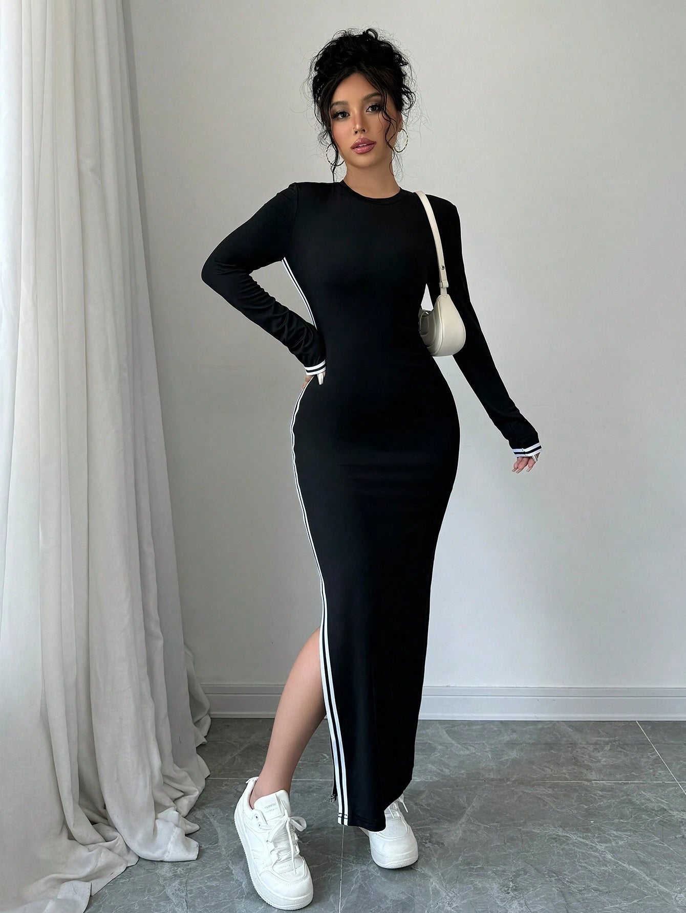  | SHEIN Raffinéa Women Contrast Color Patchwork Round Neck Long Sleeve Single Side Slit Dress Maxi Women Outfit | Dress | Shein | OneHub