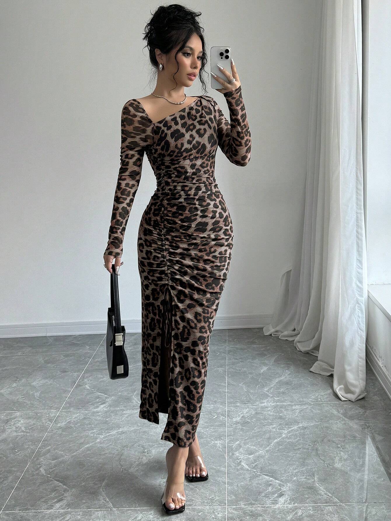  | SHEIN Raffinéa Women's Elegant Asymmetrical Neck Cinched Waist Ruched Long Sleeve Dress With Leopard Print Mesh Maxi Women Outfit Bodycon Long Dressslit Dressleopard Print Dress | Dress | Shein | OneHub