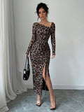  | SHEIN Raffinéa Women's Elegant Asymmetrical Neck Cinched Waist Ruched Long Sleeve Dress With Leopard Print Mesh Maxi Women Outfit Bodycon Long Dressslit Dressleopard Print Dress | Dress | Shein | OneHub