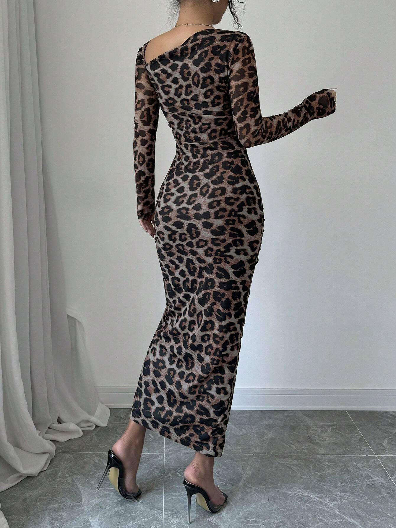  | SHEIN Raffinéa Women's Elegant Asymmetrical Neck Cinched Waist Ruched Long Sleeve Dress With Leopard Print Mesh Maxi Women Outfit Bodycon Long Dressslit Dressleopard Print Dress | Dress | Shein | OneHub