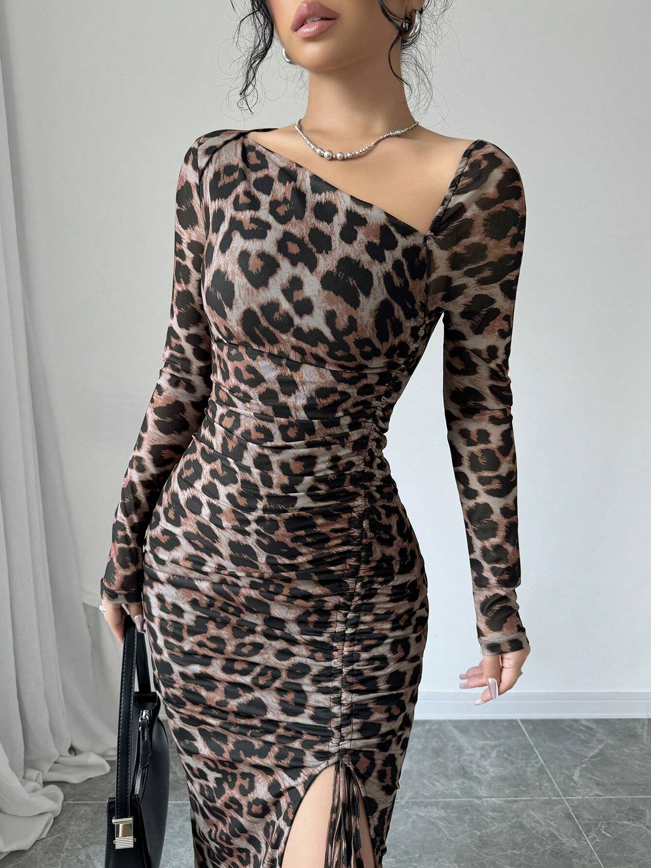  | SHEIN Raffinéa Women's Elegant Asymmetrical Neck Cinched Waist Ruched Long Sleeve Dress With Leopard Print Mesh Maxi Women Outfit Bodycon Long Dressslit Dressleopard Print Dress | Dress | Shein | OneHub