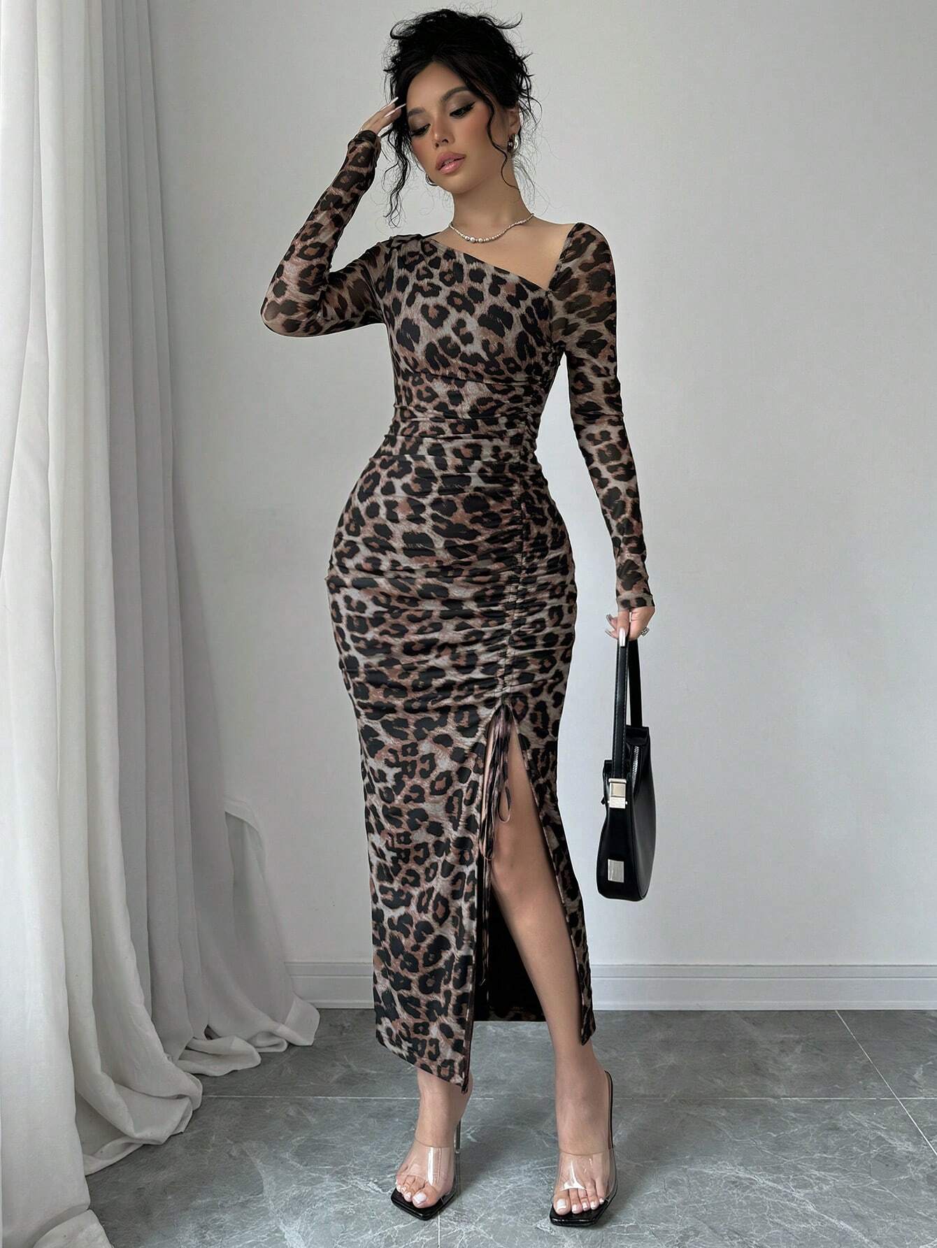  | SHEIN Raffinéa Women's Elegant Asymmetrical Neck Cinched Waist Ruched Long Sleeve Dress With Leopard Print Mesh Maxi Women Outfit Bodycon Long Dressslit Dressleopard Print Dress | Dress | Shein | OneHub
