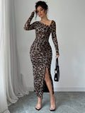  | SHEIN Raffinéa Women's Elegant Asymmetrical Neck Cinched Waist Ruched Long Sleeve Dress With Leopard Print Mesh Maxi Women Outfit Bodycon Long Dressslit Dressleopard Print Dress | Dress | Shein | OneHub