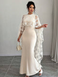 SHEIN Raffinéa Women's Solid Color Round Neck Cape Sleeve Lace Patchwork Elegant Long Dress