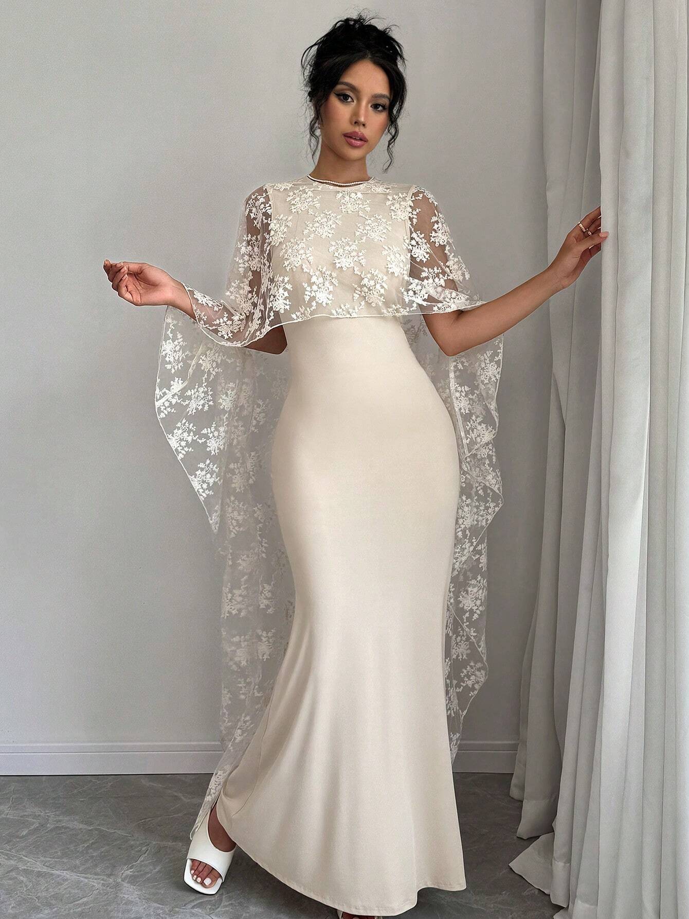  | SHEIN Raffinéa Women's Solid Color Round Neck Cape Sleeve Lace Patchwork Elegant Long Dress | Dress | Shein | OneHub