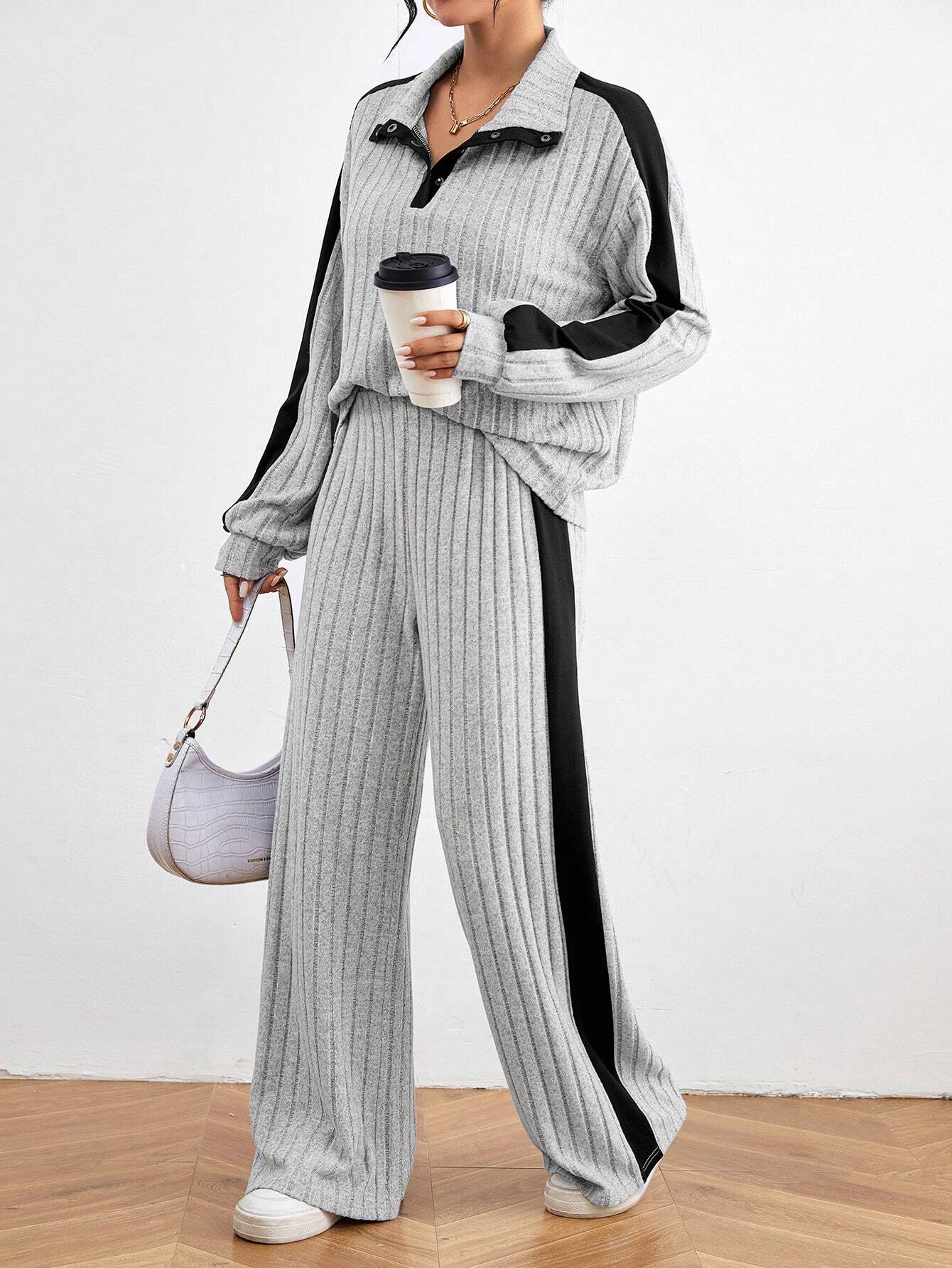  | SHEIN Relaxiva Color Block Casual 2pcs/Set Side Stripe, Extra-Long Sleeve Loose Grey Drop Shoulder Blouse And Pants | Sweater | Shein | OneHub