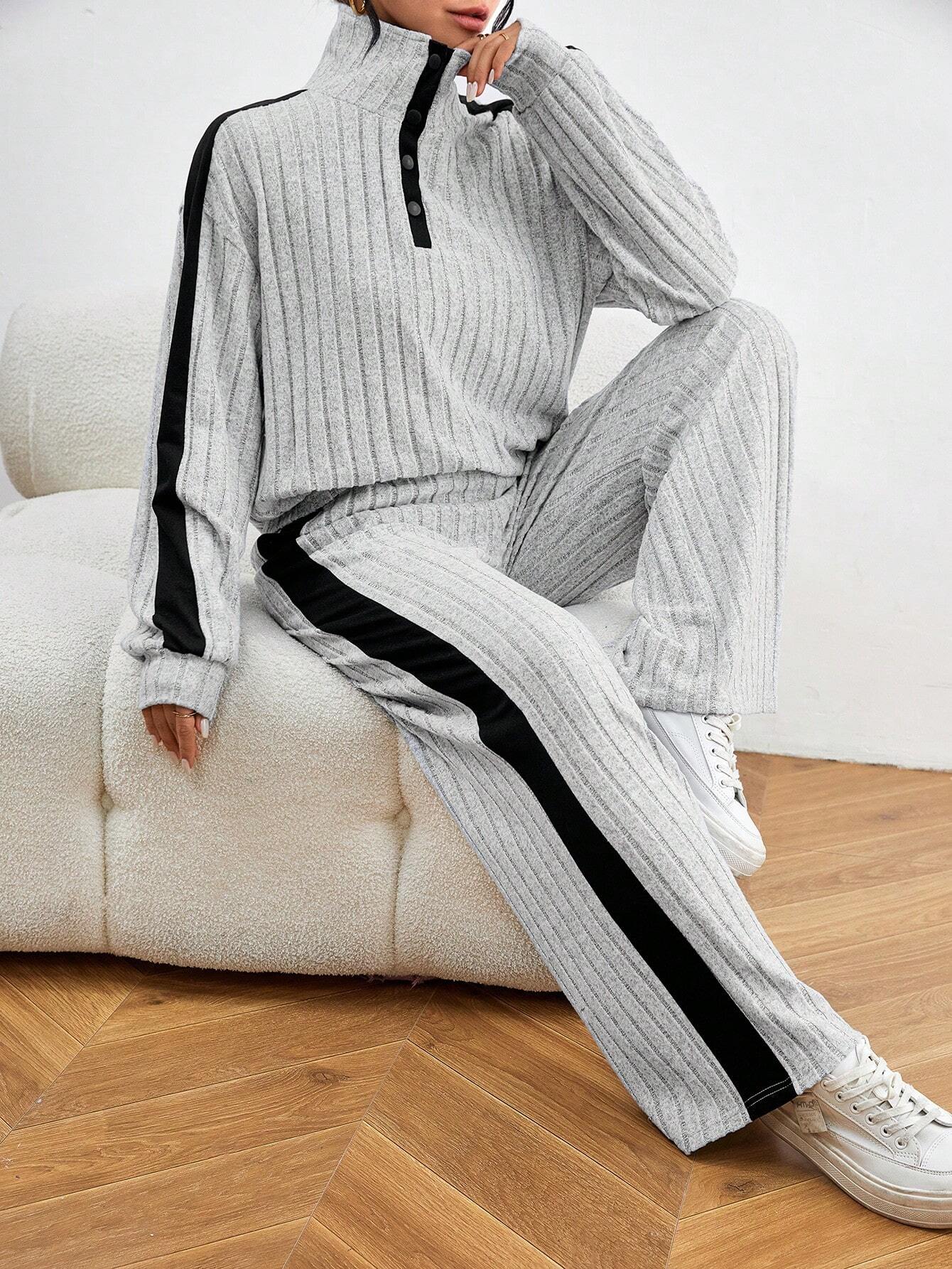  | SHEIN Relaxiva Color Block Casual 2pcs/Set Side Stripe, Extra-Long Sleeve Loose Grey Drop Shoulder Blouse And Pants | Sweater | Shein | OneHub