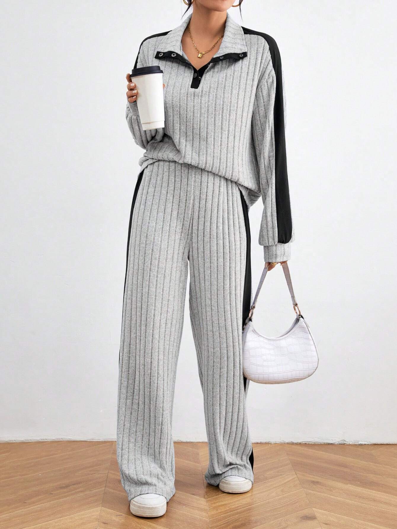  | SHEIN Relaxiva Color Block Casual 2pcs/Set Side Stripe, Extra-Long Sleeve Loose Grey Drop Shoulder Blouse And Pants | Sweater | Shein | OneHub