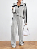  | SHEIN Relaxiva Color Block Casual 2pcs/Set Side Stripe, Extra-Long Sleeve Loose Grey Drop Shoulder Blouse And Pants | Sweater | Shein | OneHub