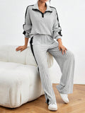  | SHEIN Relaxiva Color Block Casual 2pcs/Set Side Stripe, Extra-Long Sleeve Loose Grey Drop Shoulder Blouse And Pants | Sweater | Shein | OneHub