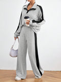 SHEIN Relaxiva Color Block Casual 2pcs/Set Side Stripe, Extra-Long Sleeve Loose Grey Drop Shoulder Blouse And Pants