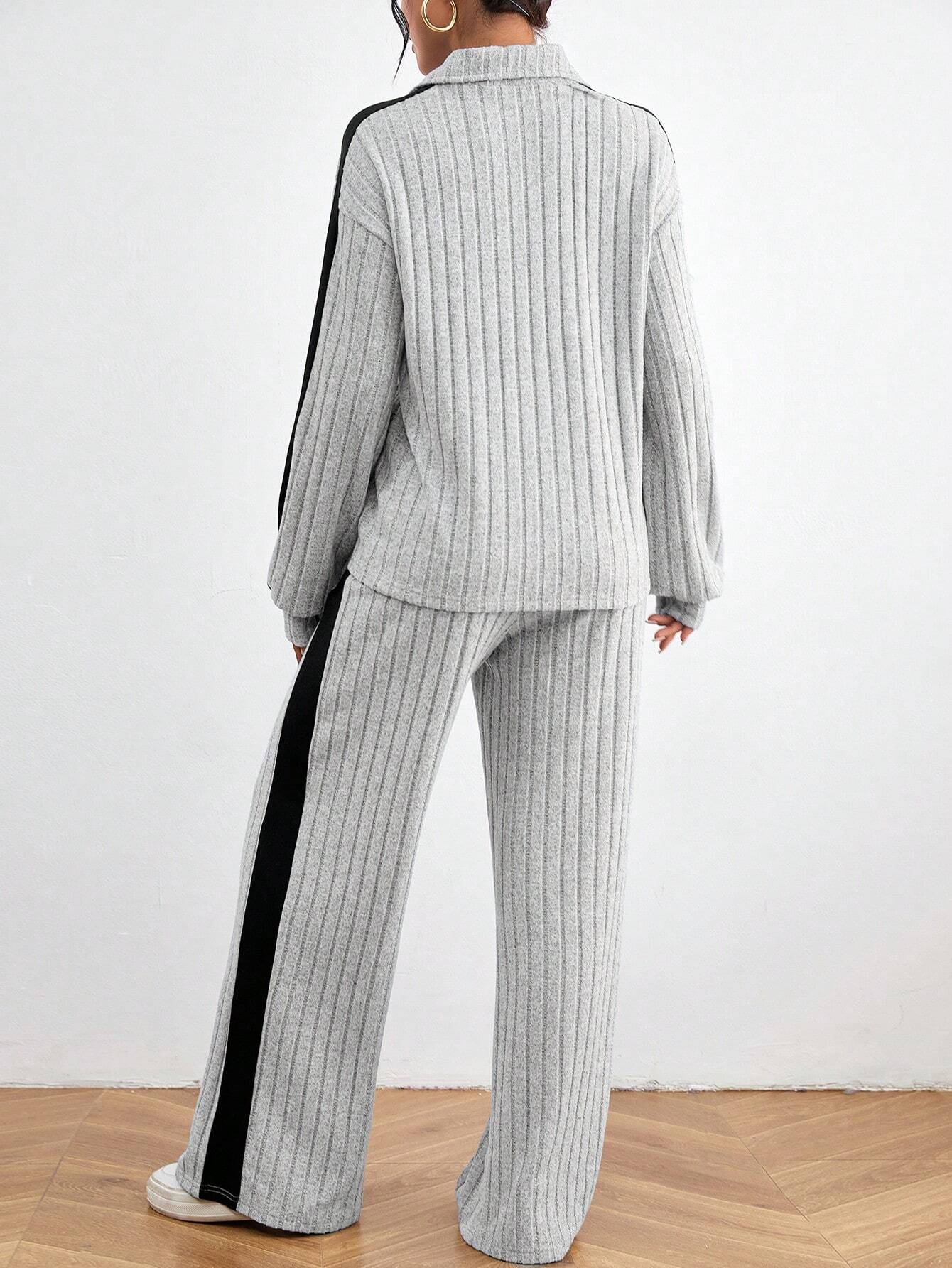  | SHEIN Relaxiva Color Block Casual 2pcs/Set Side Stripe, Extra-Long Sleeve Loose Grey Drop Shoulder Blouse And Pants | Sweater | Shein | OneHub