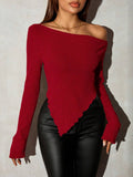 SHEIN SXY Grunge Asymmetrical Neck Rib-Knit Tee,Fall Women Going Out Tops