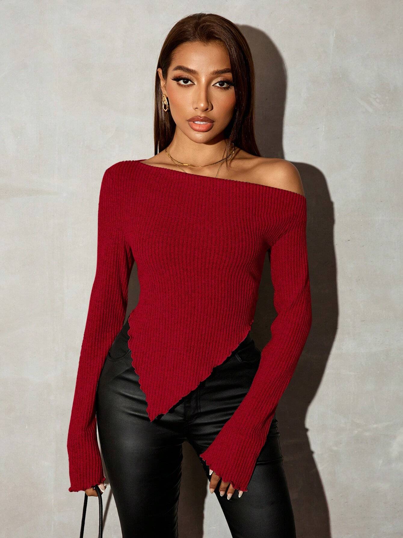 SHEIN SXY Grunge Asymmetrical Neck Rib-Knit Tee,Fall Women Going Out Tops