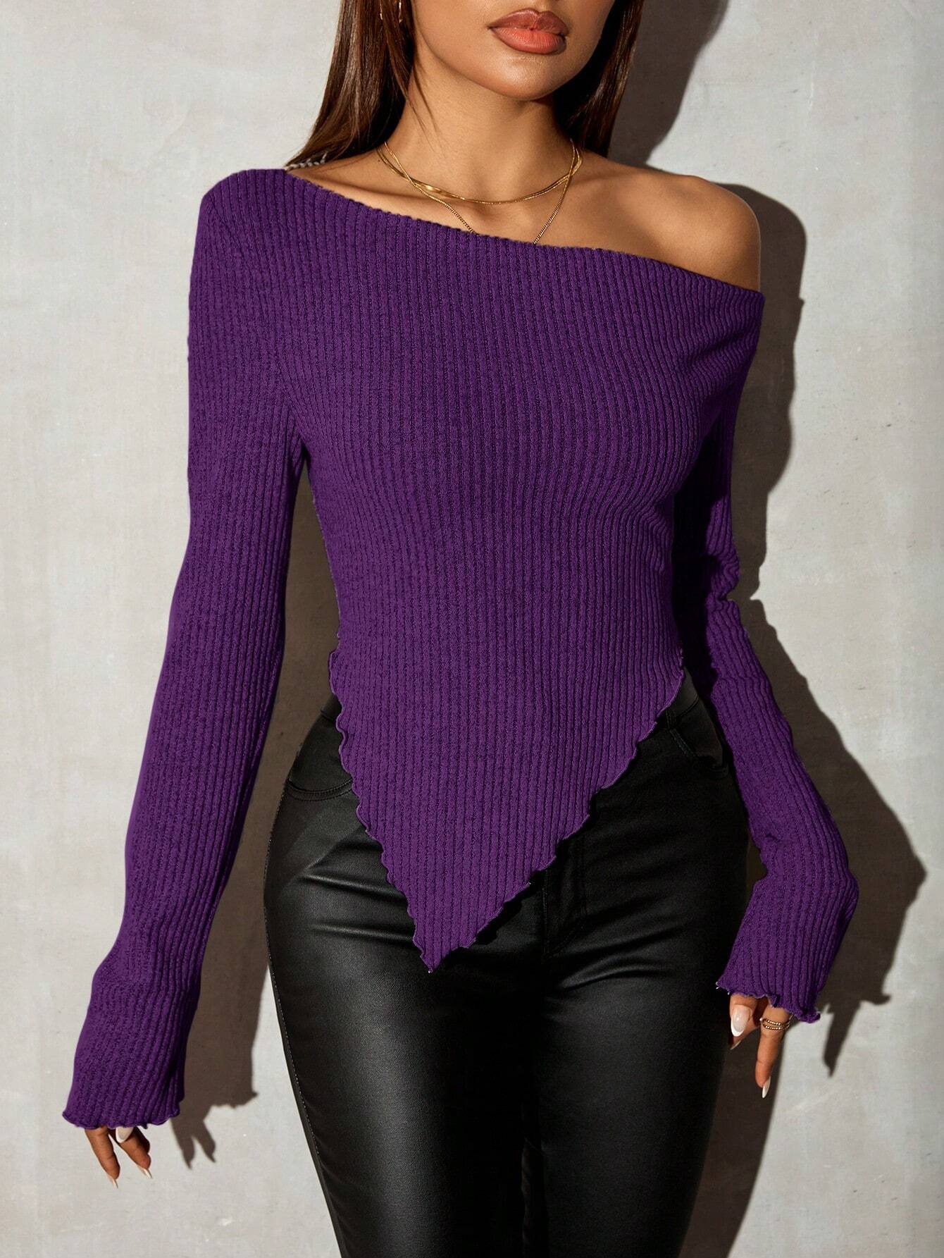  | SHEIN SXY Grunge Asymmetrical Neck Rib-Knit Tee,Fall Womengoing Out Tops | Top | Shein | OneHub