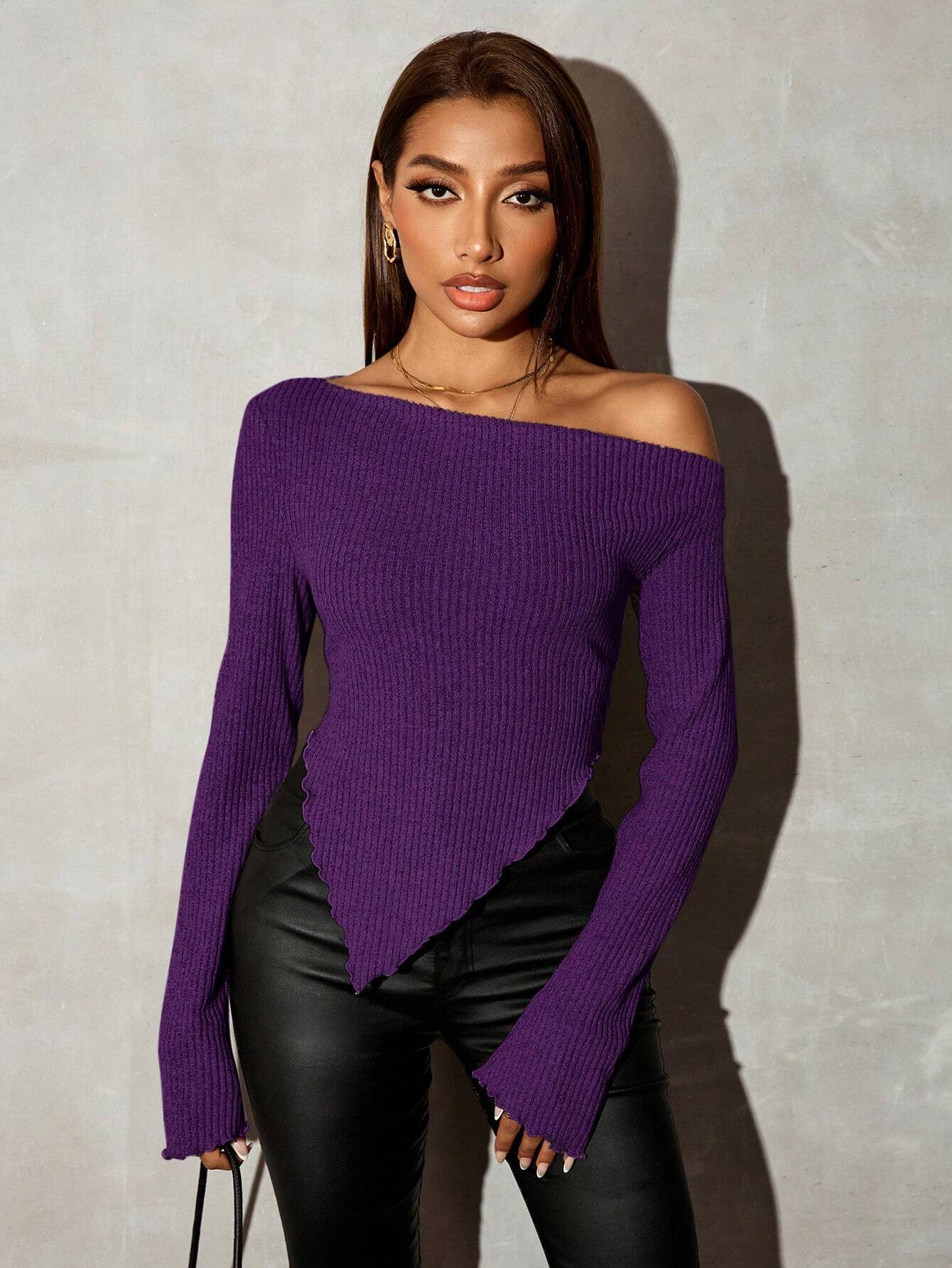  | SHEIN SXY Grunge Asymmetrical Neck Rib-Knit Tee,Fall Womengoing Out Tops | Top | Shein | OneHub