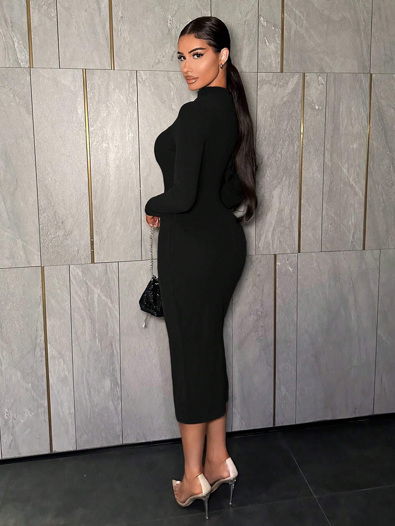 SHEIN SXY Sexy Warm Brushed Mock Neck Midi Dress For Women, Suitable For Autumn/Winter Layering