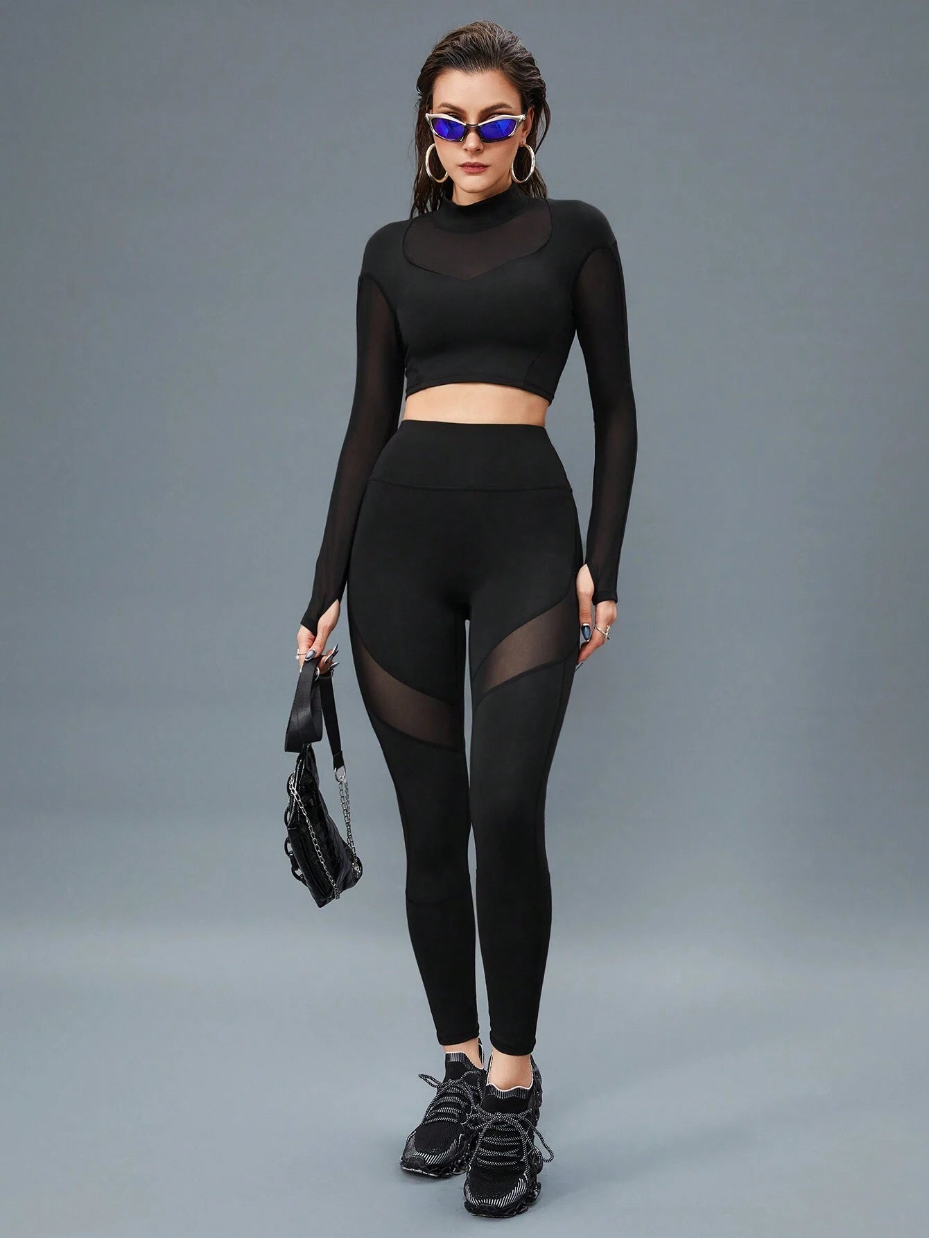  | SHEIN Sport Innovista 2pcs Mesh Insert Long Sleeve Crop Top T Waistband Leggings Summer 2piece Outfits Set Women | Sports Leggings | Shein | OneHub