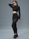  | SHEIN Sport Innovista 2pcs Mesh Insert Long Sleeve Crop Top T Waistband Leggings Summer 2piece Outfits Set Women | Sports Leggings | Shein | OneHub