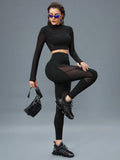  | SHEIN Sport Innovista 2pcs Mesh Insert Long Sleeve Crop Top T Waistband Leggings Summer 2piece Outfits Set Women | Sports Leggings | Shein | OneHub