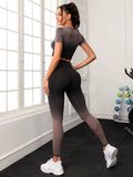  | SHEIN Sport Studio 2pcs Seamless Ombre Print Gym Set Fitness Wear Fitted Tee & Tummy Control Leggings Workout Women Setwomen Workout Set Women Leggings Set | Leggings | Shein | OneHub