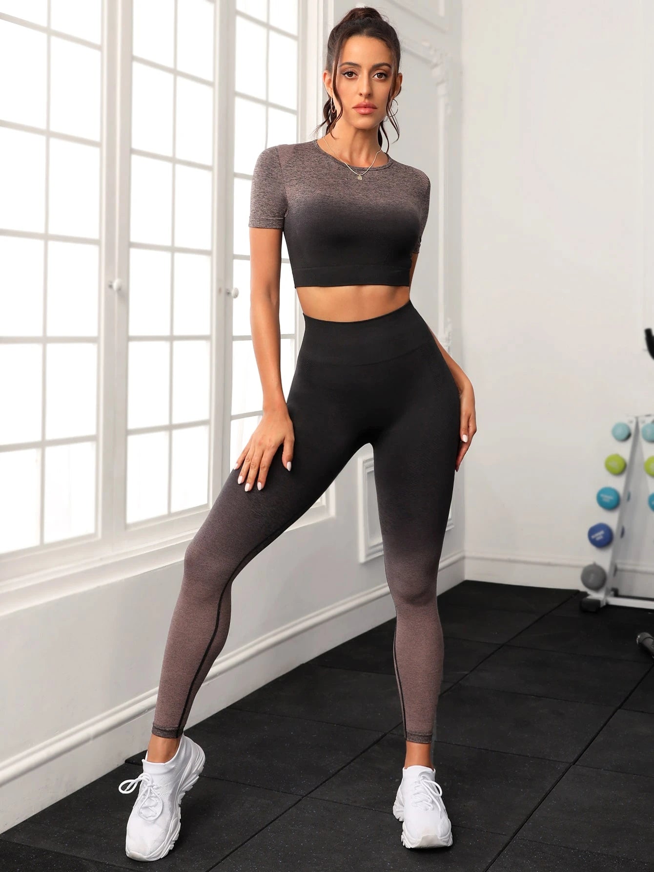  | SHEIN Sport Studio 2pcs Seamless Ombre Print Gym Set Fitness Wear Fitted Tee & Tummy Control Leggings Workout Women Setwomen Workout Set Women Leggings Set | Leggings | Shein | OneHub