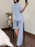  | SHEIN Striped Lapel Short Sleeve & Long Pants Pajama Set Women Striped Pajamas Blue And White Striped Pajamas Summer Pajamas For Women Women Pajama Set Sleepwear Set Women  Cozy And Elegant Details | PJ Set | Shein | OneHub