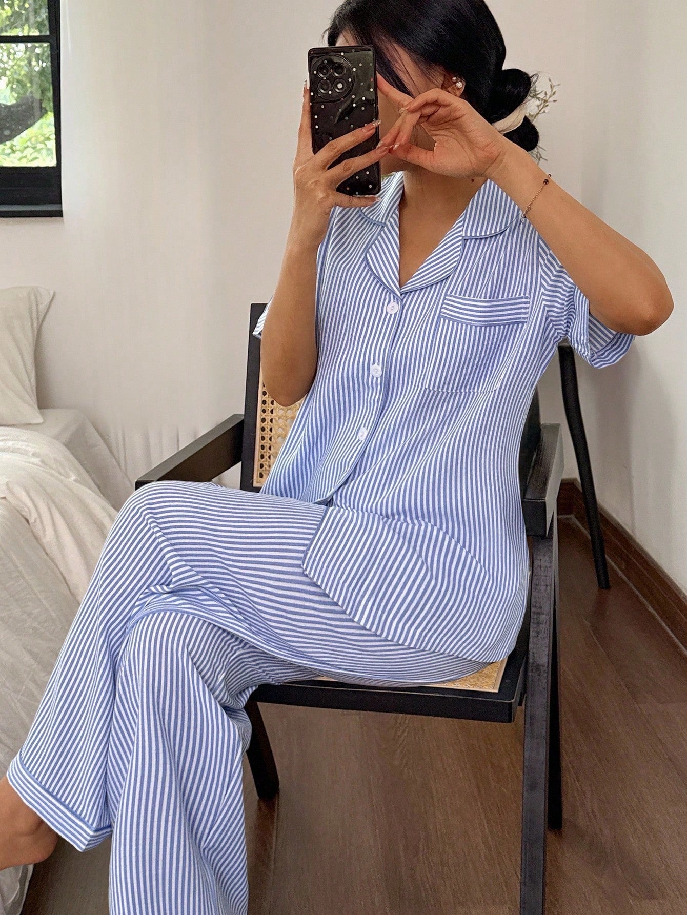  | SHEIN Striped Lapel Short Sleeve & Long Pants Pajama Set Women Striped Pajamas Blue And White Striped Pajamas Summer Pajamas For Women Women Pajama Set Sleepwear Set Women  Cozy And Elegant Details | PJ Set | Shein | OneHub