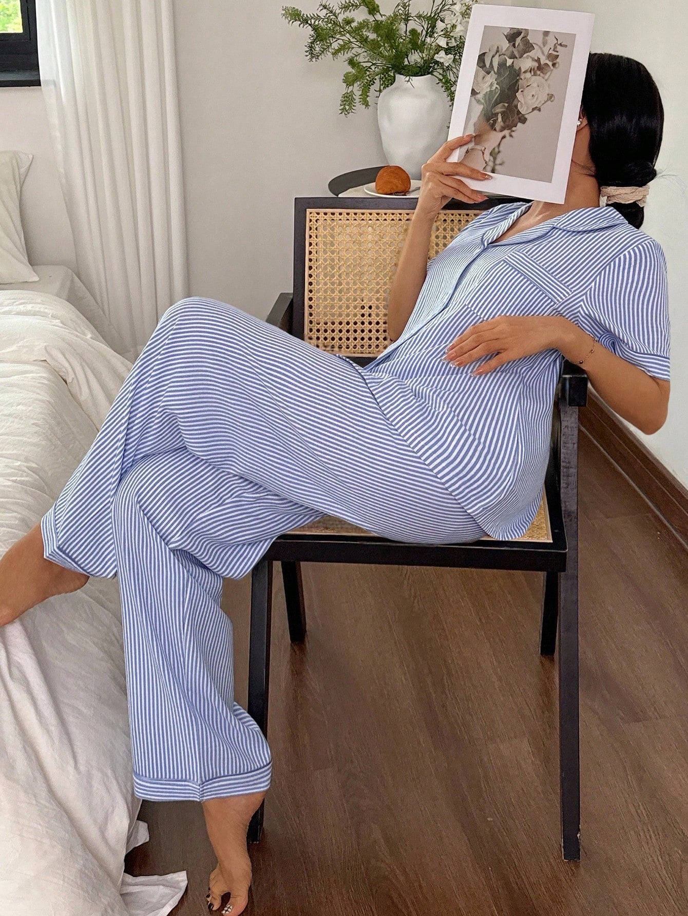  | SHEIN Striped Lapel Short Sleeve & Long Pants Pajama Set Women Striped Pajamas Blue And White Striped Pajamas Summer Pajamas For Women Women Pajama Set Sleepwear Set Women  Cozy And Elegant Details | PJ Set | Shein | OneHub