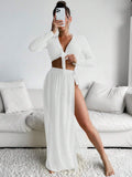 SHEIN Swim 2pcs/Set Solid Color Cropped Cover Up Top Wrapped Cover Up Skirt, For Vocation,Summer Beach
