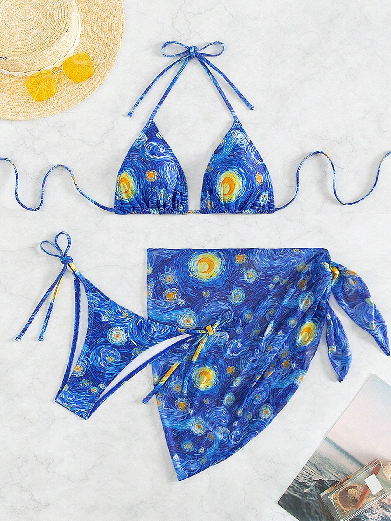  | SHEIN Swim Mod Summer Beach Women's Oil Painting Printed Halter Neck Bikini Set With Cover Up | Lingerie | Shein | OneHub