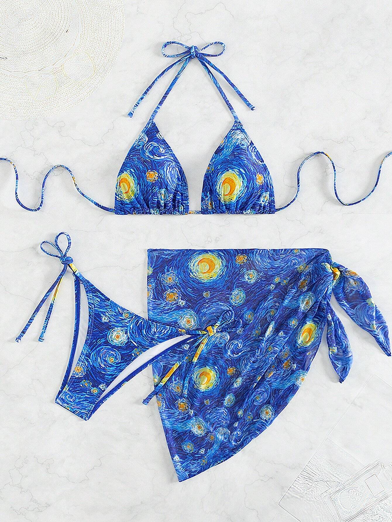  | SHEIN Swim Mod Summer Beach Women's Oil Painting Printed Halter Neck Bikini Set With Cover Up | Lingerie | Shein | OneHub