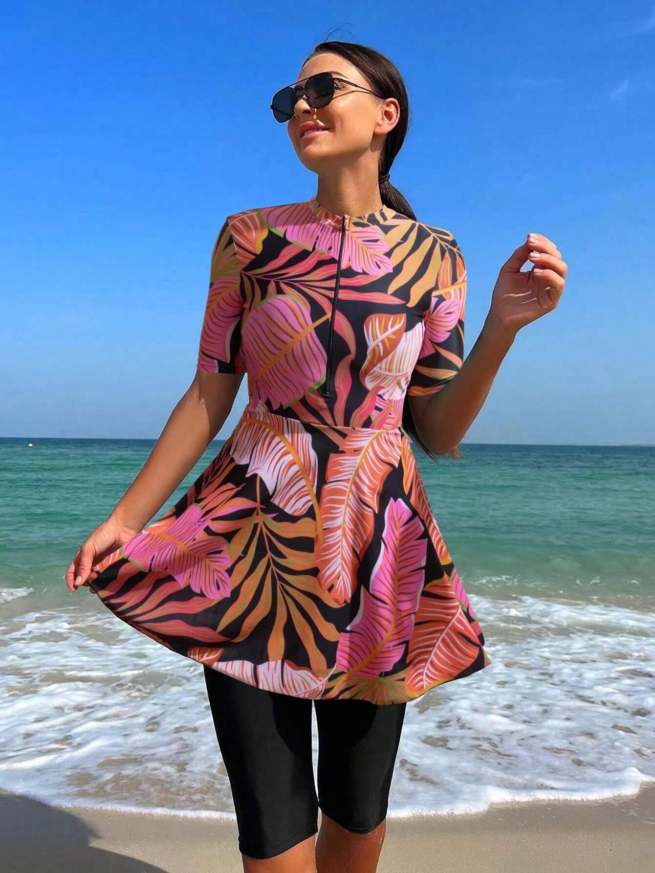  | SHEIN Swim Mulvari Summer Beach Tropical Print Zip Front Top & Short Leggings Swimsuit | Lingerie | Shein | OneHub