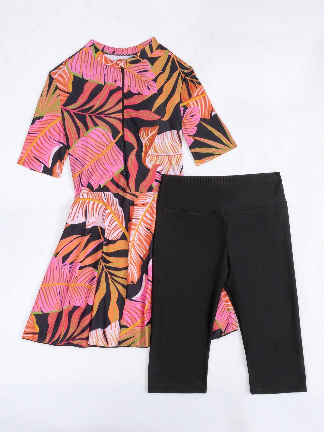  | SHEIN Swim Mulvari Summer Beach Tropical Print Zip Front Top & Short Leggings Swimsuit | Lingerie | Shein | OneHub