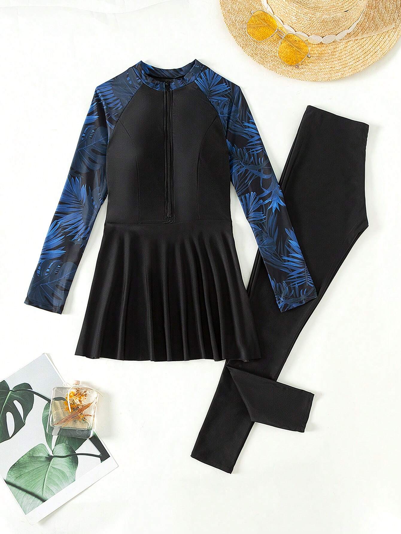  | SHEIN Swim Mulvari Summer Beach Women's Plant Print Raglan Long Sleeve Jumpsuit & Long Pants Swimsuit Set | Lingerie | Shein | OneHub