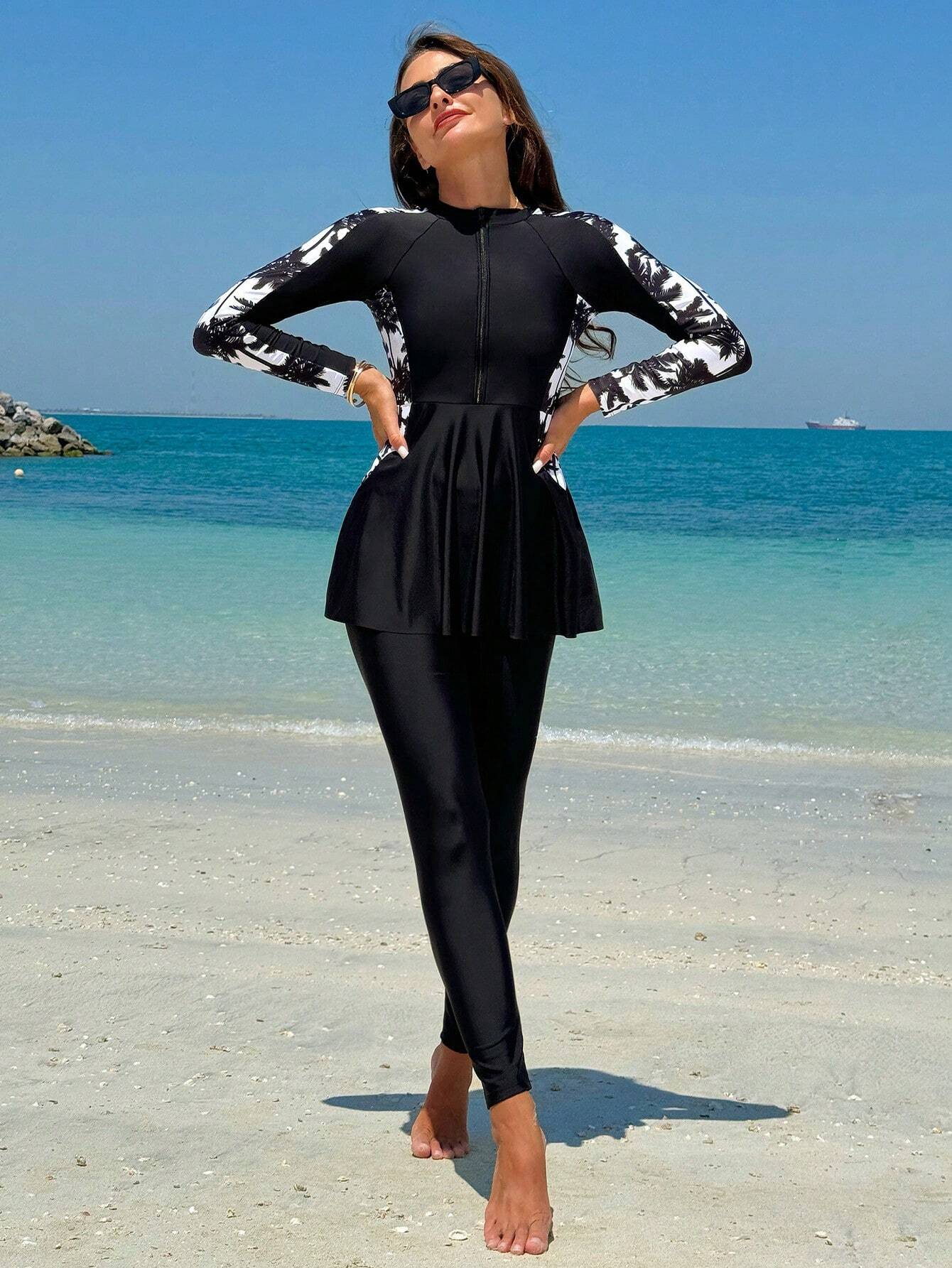  | SHEIN Swim Mulvari Women Summer Beach Conservative Style Contrast Plant Print Burkini Set | Lingerie | Shein | OneHub