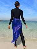  | SHEIN Swim Mulvari Women Summer Beach Stand Collar Long Sleeve Zipper Front One-Piece Burkini & Tie-Dye Cover Up Skirt For Vacation | Lingerie | Shein | OneHub