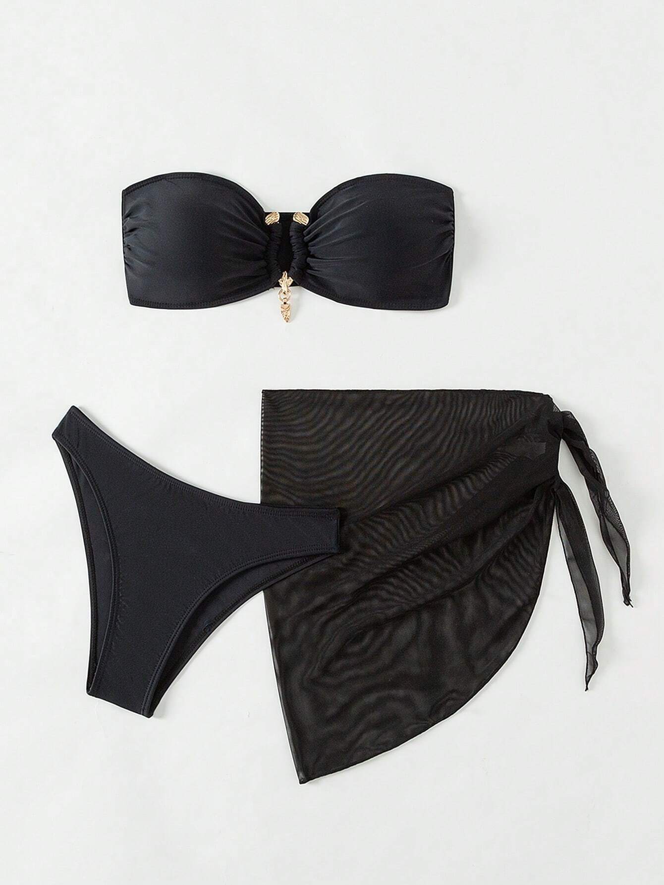  | SHEIN Swim Solid Color Bandeau Sexy Summer Bikini Set 3pcs (Bandeau Bikini Top+Triangle Bottom+Sheer Skirt),Summer Beach | Lingerie | Shein | OneHub