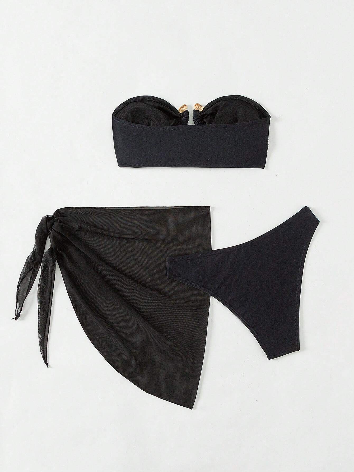  | SHEIN Swim Solid Color Bandeau Sexy Summer Bikini Set 3pcs (Bandeau Bikini Top+Triangle Bottom+Sheer Skirt),Summer Beach | Lingerie | Shein | OneHub