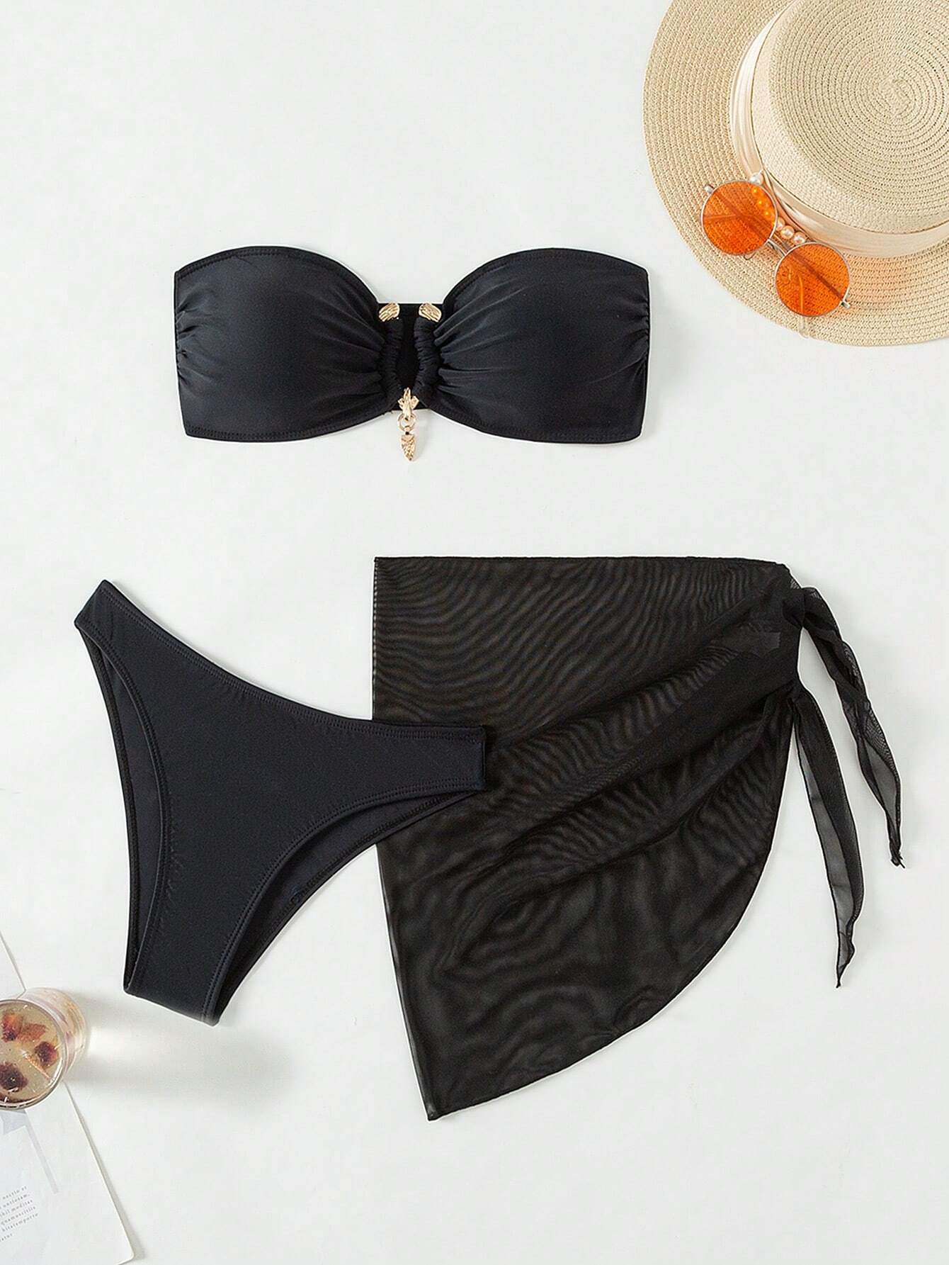  | SHEIN Swim Solid Color Bandeau Sexy Summer Bikini Set 3pcs (Bandeau Bikini Top+Triangle Bottom+Sheer Skirt),Summer Beach | Lingerie | Shein | OneHub