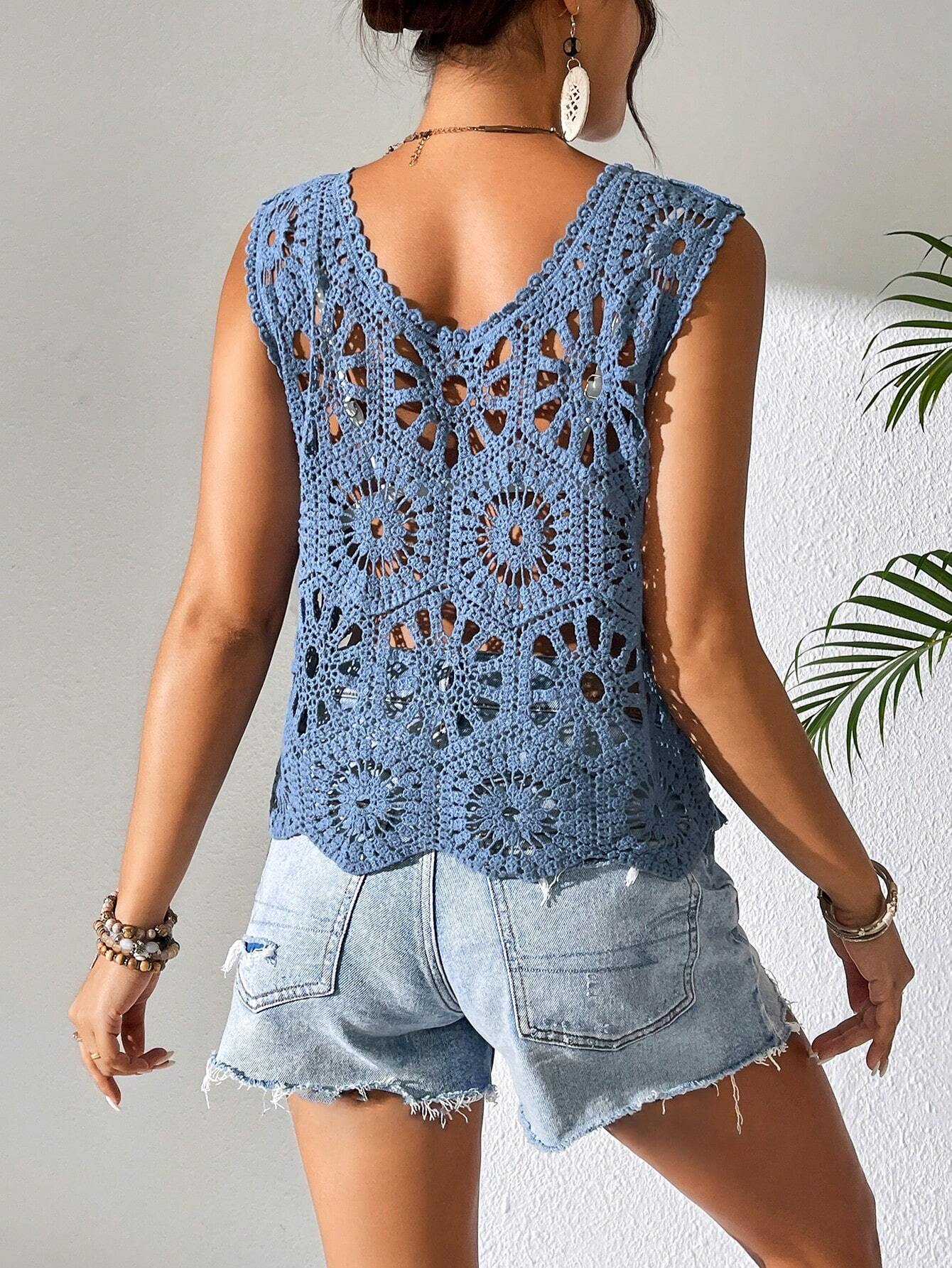  | SHEIN Swim Summer Vacation Solid Color Knitted Hollow-Out Sleeveless Cover Up Top,Summer Beach | Lingerie | Shein | OneHub