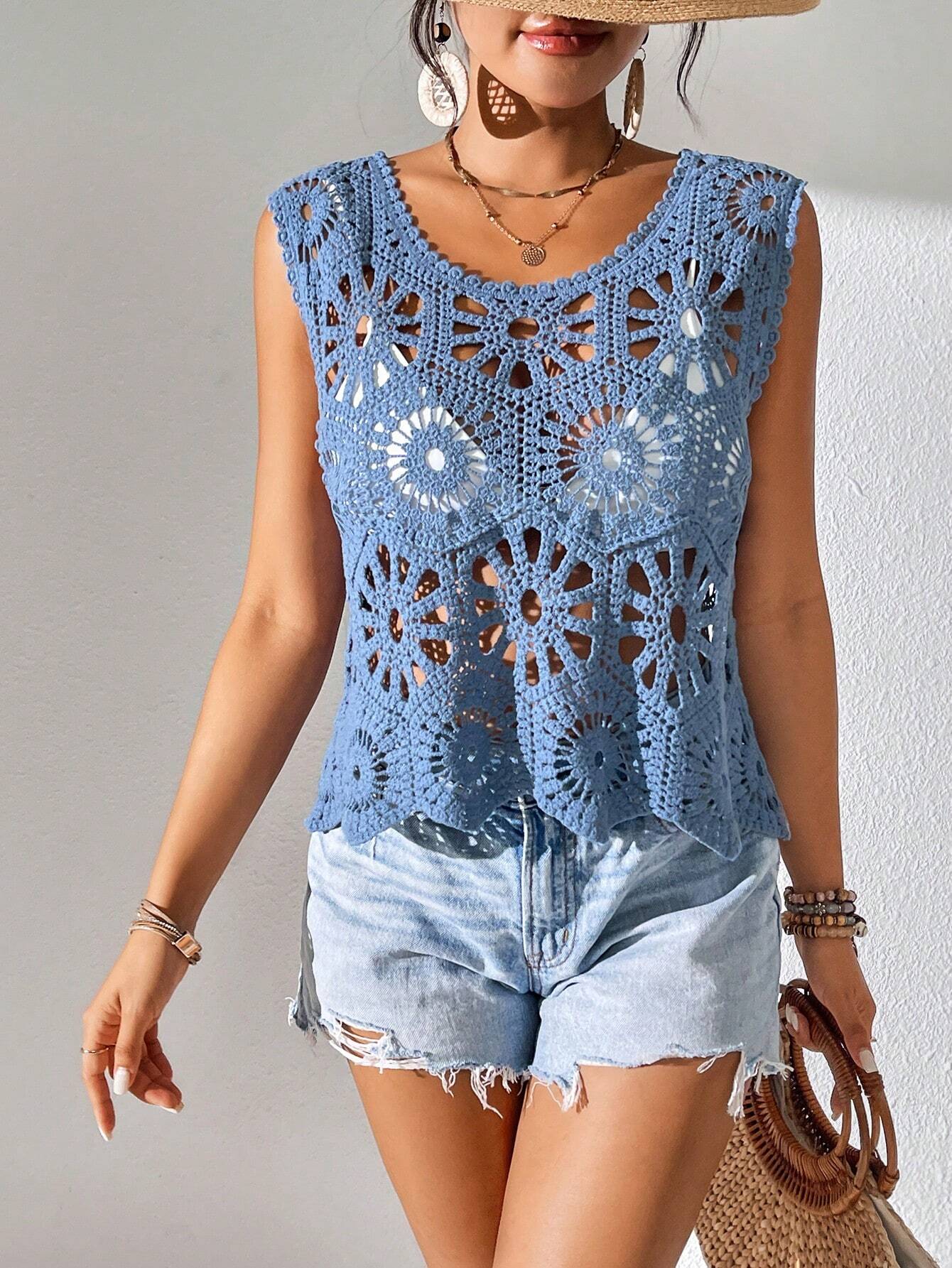  | SHEIN Swim Summer Vacation Solid Color Knitted Hollow-Out Sleeveless Cover Up Top,Summer Beach | Lingerie | Shein | OneHub